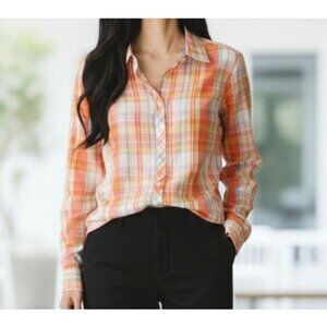 Talbots Women’s Long Sleeve Orange Plaid Button Front Cotton Blouse Size S